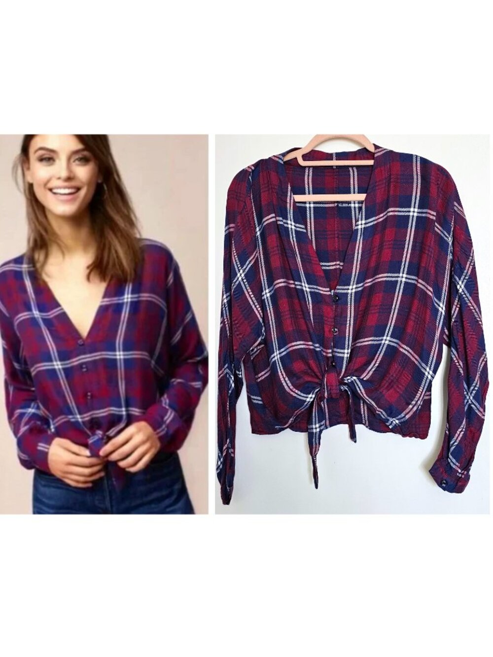 Rails Sloane Tie Front Cropped Plaid Rayon Button Down Shirt Medium Red Blue